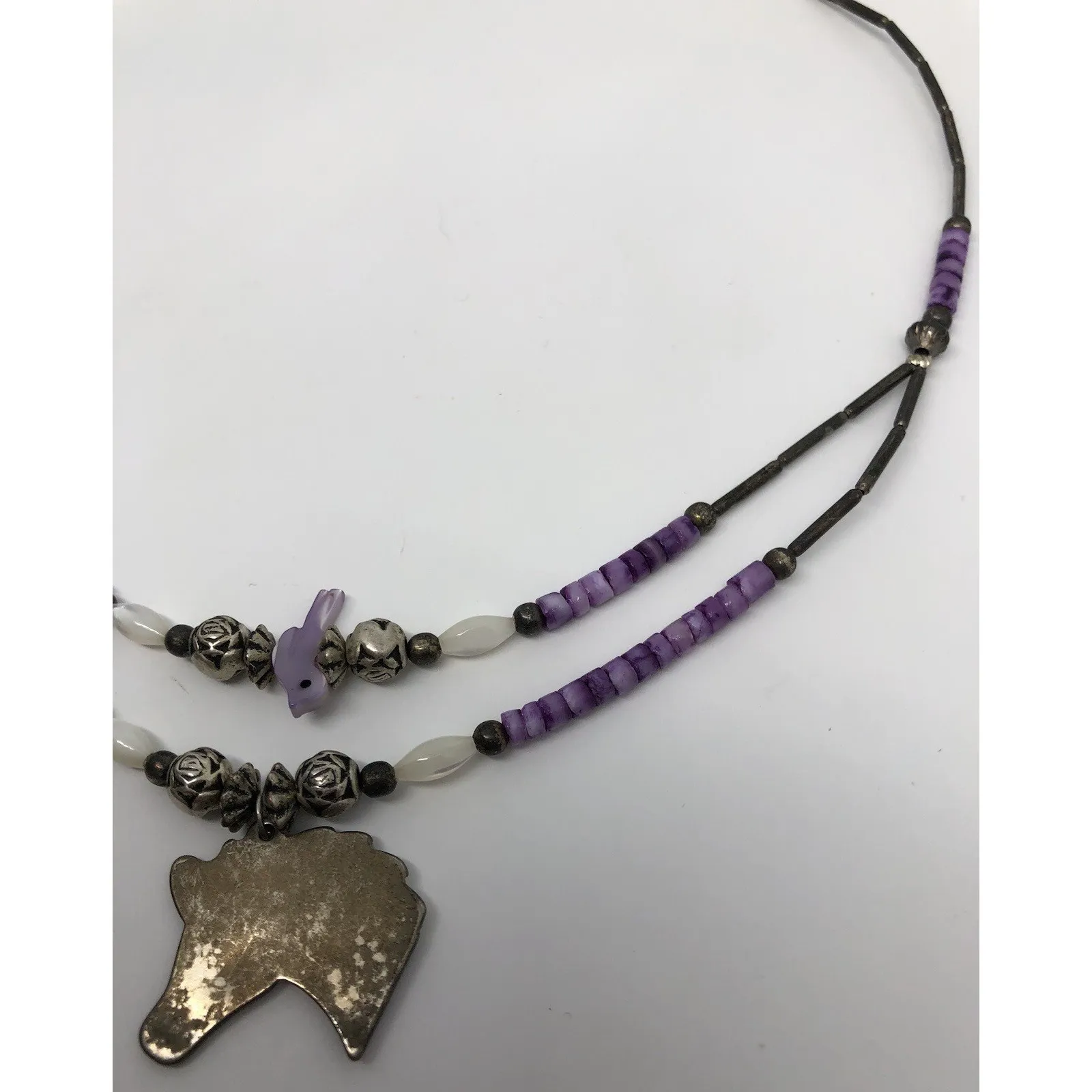 Rare Vtg Silver Horse Necklace Purple Pony Pendant Silver Roses‎ Beaded Bird 16" - Image 8