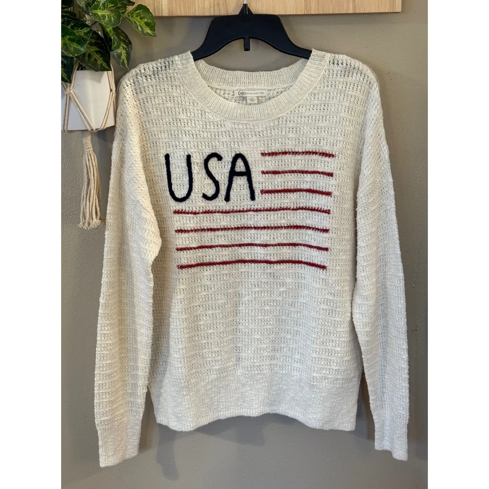 Cato Womens USA Flag Knit Sweater Cream Red Blue Size Medium NWT - Image 2