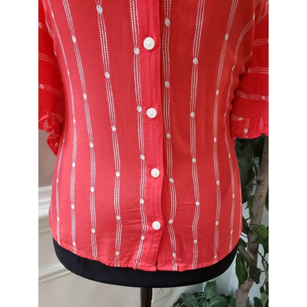 Anthropologie Mauve Red Striped Ruffle Button Front Short Sleeve Top Blouse S - Image 4
