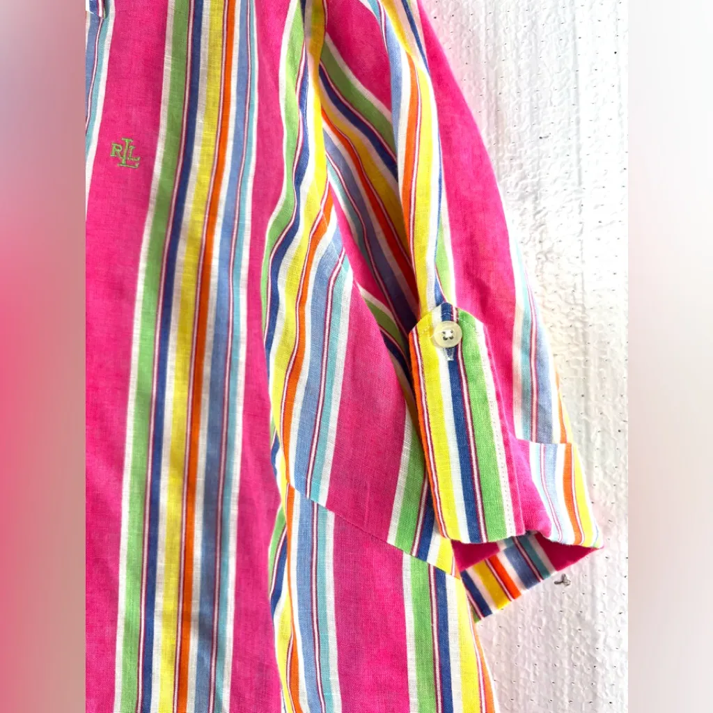 Lauren Ralph Lauren 3X Linen Striped Short Sleeved Blouse in Candy Stripes Pink - Image 5