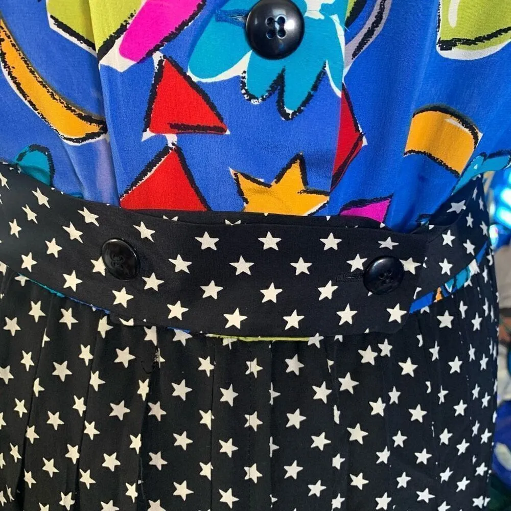 Vintage Rickie Freeman Dress Blue Black Pop Art Star Print Pleated Silk Midi Size 12 - Image 8