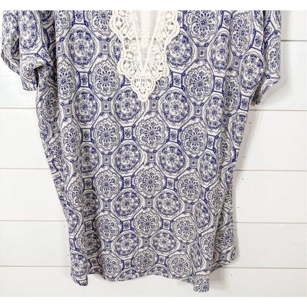 Stitch Fix Women's Geometric Print Open Front Cape Lace Back Kimono Blue White X - Image 9