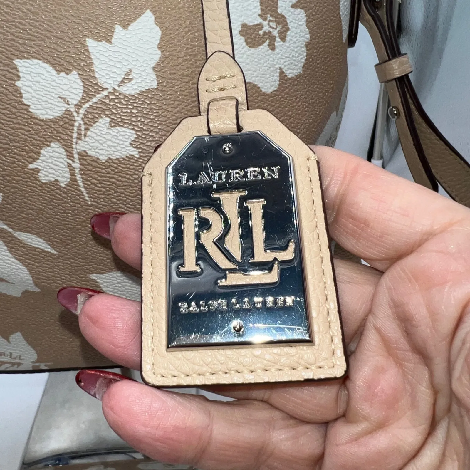 Lauren Ralph Lauren Floral Satchel Handbag Tan White Leather Accents - Image 4