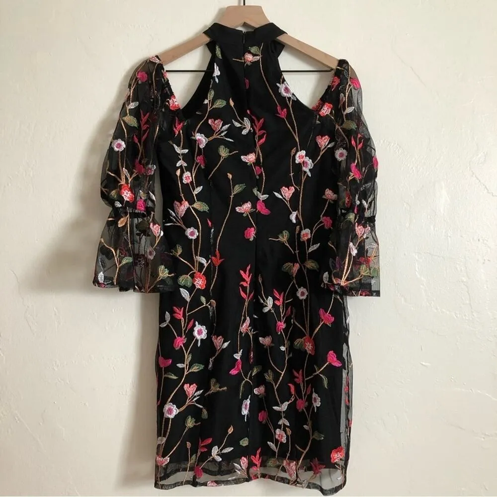 Guess Black Embroidered Floral Open Shoulder High Neck Bell Sleeves Mini Dress - Image 6