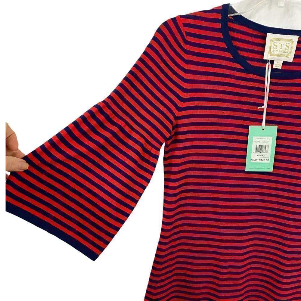 Sail to Sable Red, Blue Striped Bell Sleeve Dress - Image 2