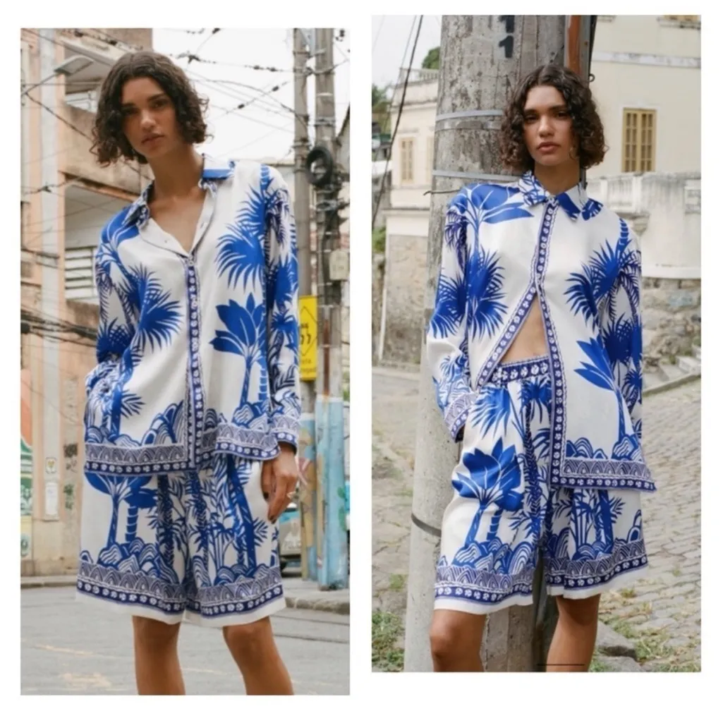 ZARA White Blue Tropical Print Long Sleeve Button Up Oversized Top Medium - Image 2
