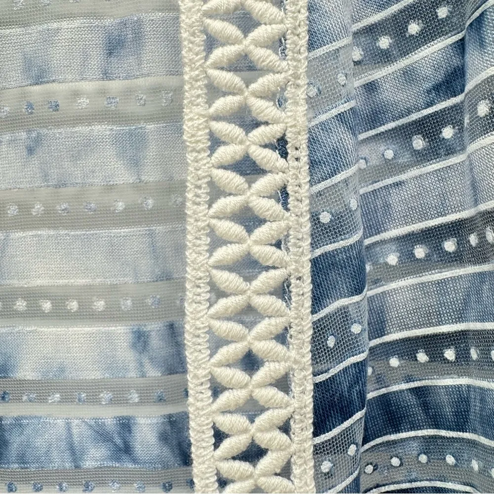 Chico’s Blue & Cream Sheer Crochet Lace Trim Open Front Lightweight Vest Sz 1/M - Image 9