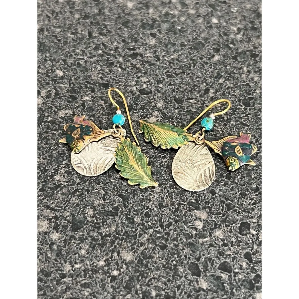 Gold tone fishhook backing and turquoise teardrop fish earrings Green - Image 2