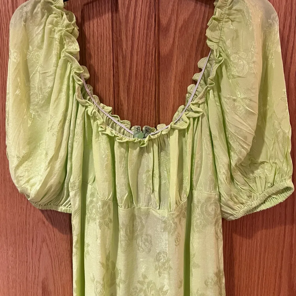 Motel Mentari Puff Sleeve A-Line Satin Rose Lime Green Mini‎ Dress Size XS - Image 2