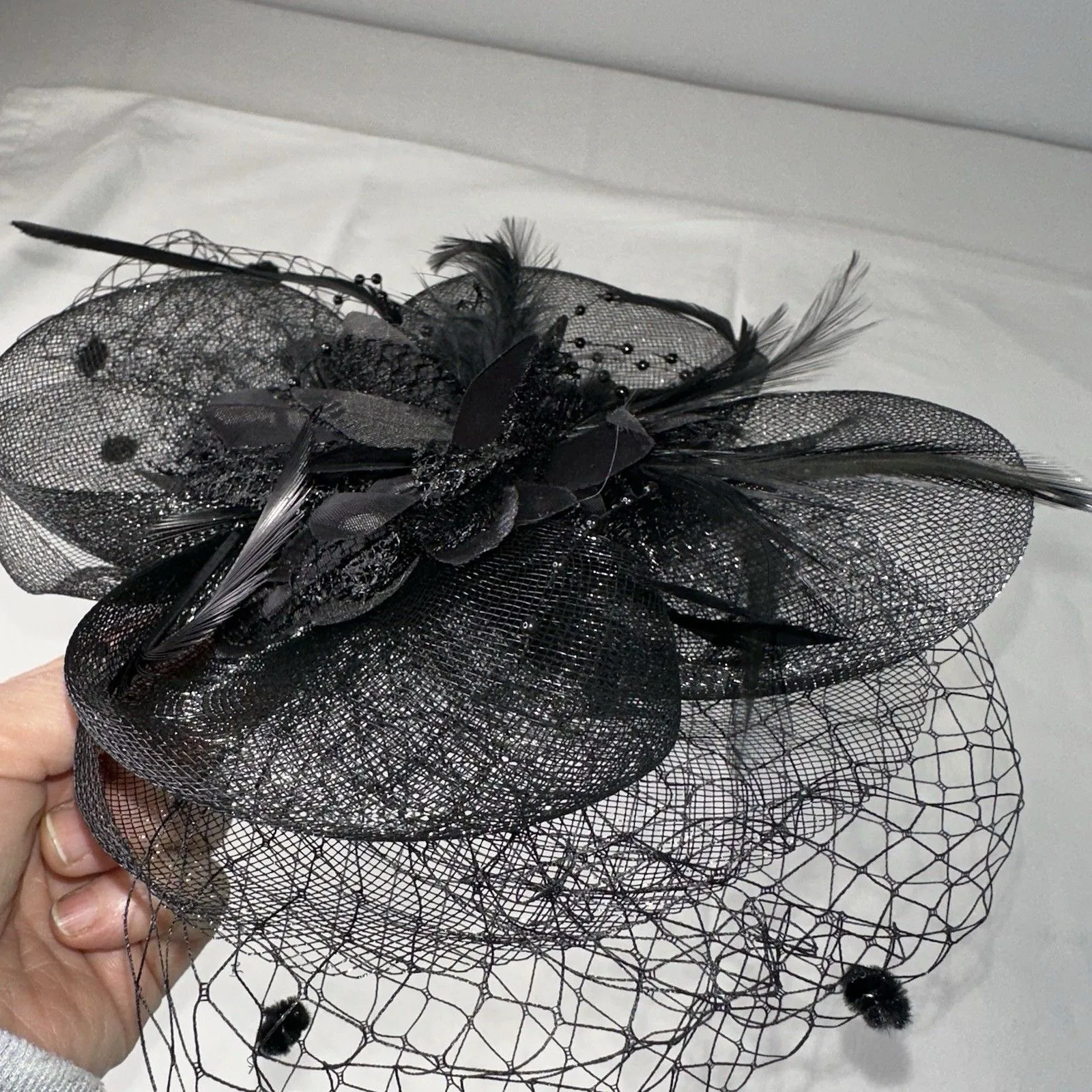 Black‎ Feather Mesh Fascinator Veil Hat Clip Band Wedding Tea Cocktail Party Black - Image 6