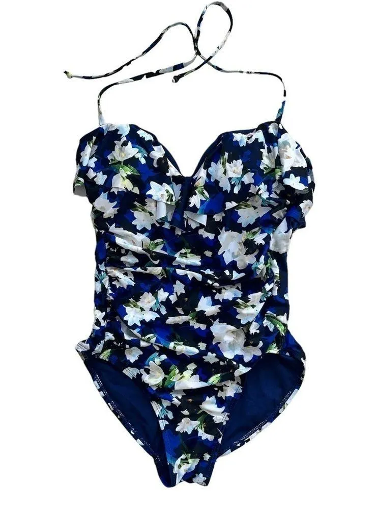 Nicole Miller Floral Ruffle Bandeau Navy Blue One-Piece Swimsuit Size Small - Image 5