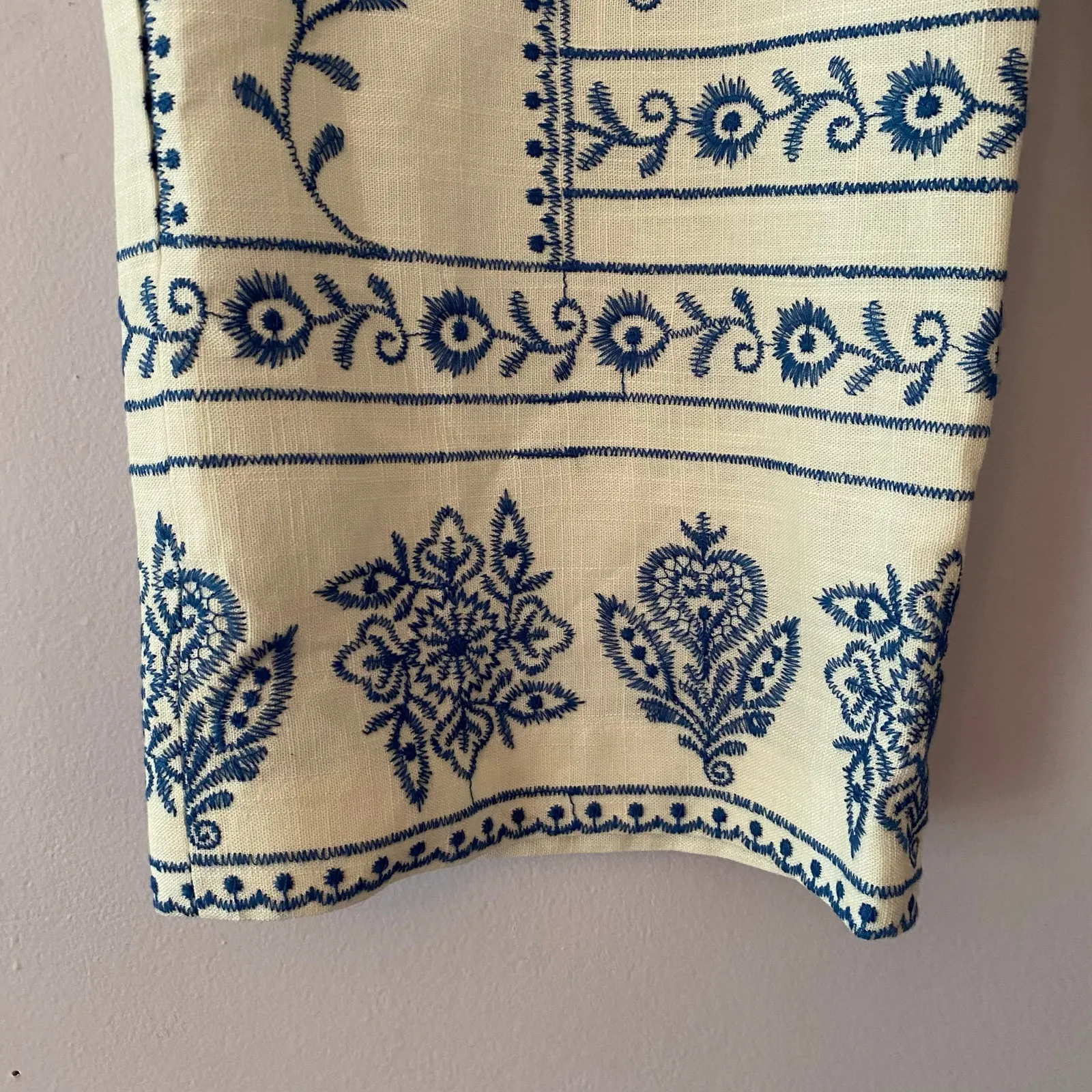 Zara Cream Blue Embroidered Viscose Linen Blend Wide Leg Pants Women size Medium - Image 7