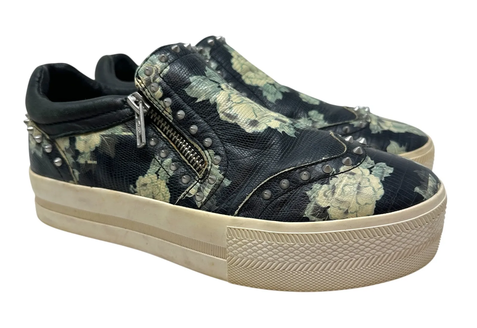 Ash Jasmin Platform Sneakers Leather Floral Studded Black Blue Size 38 US 7.5 8 - Image 1