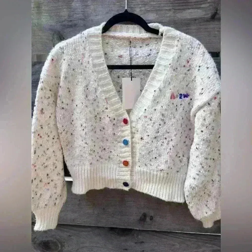 Melange V Neck Knit Cardigan Small K Pop Style Chunky Multicolor K Pop New Jeans White - Image 4