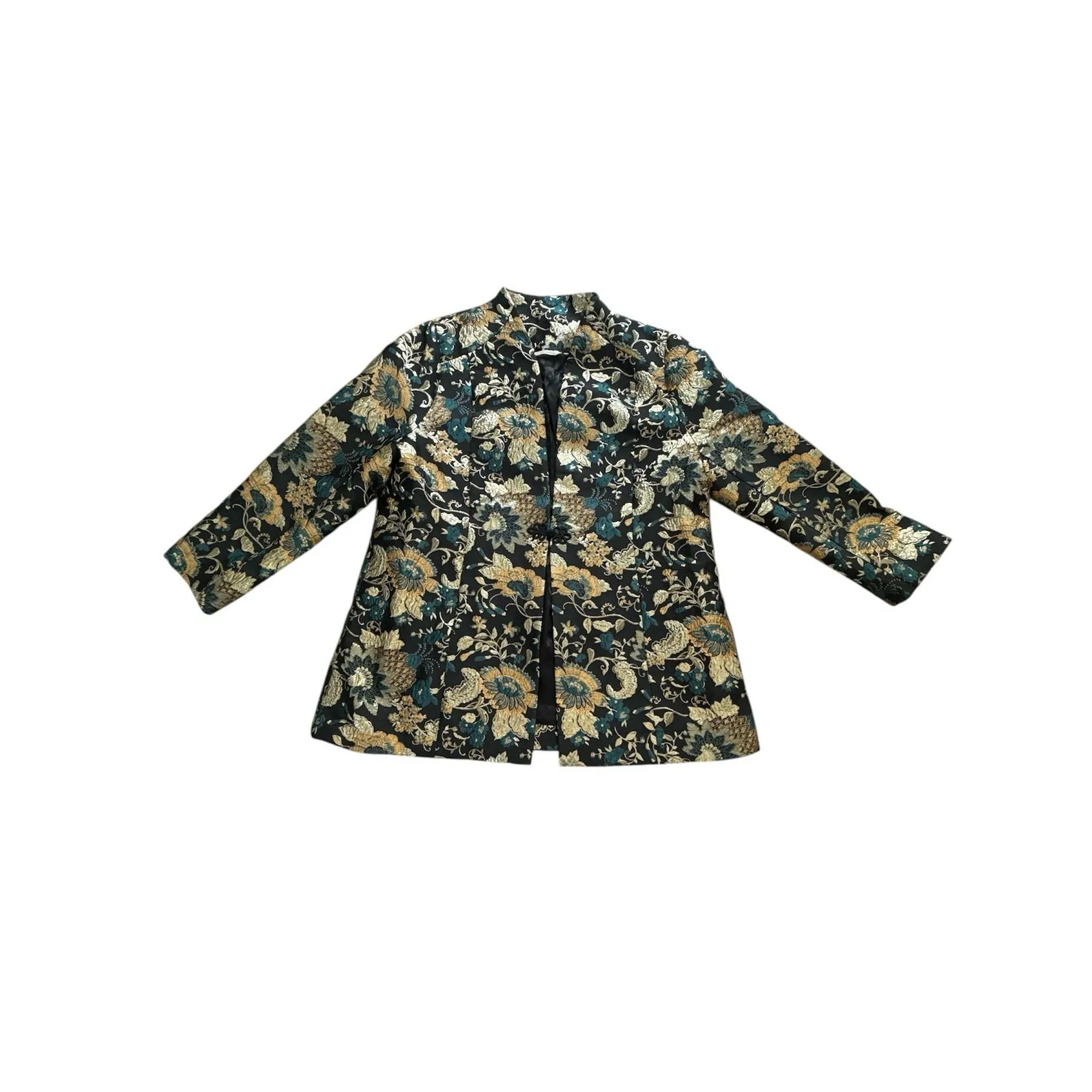 Soft‎ Surroundings Viola Jacket Womens ~1X Teal Black Gold Metallic Jacquard - Image 3