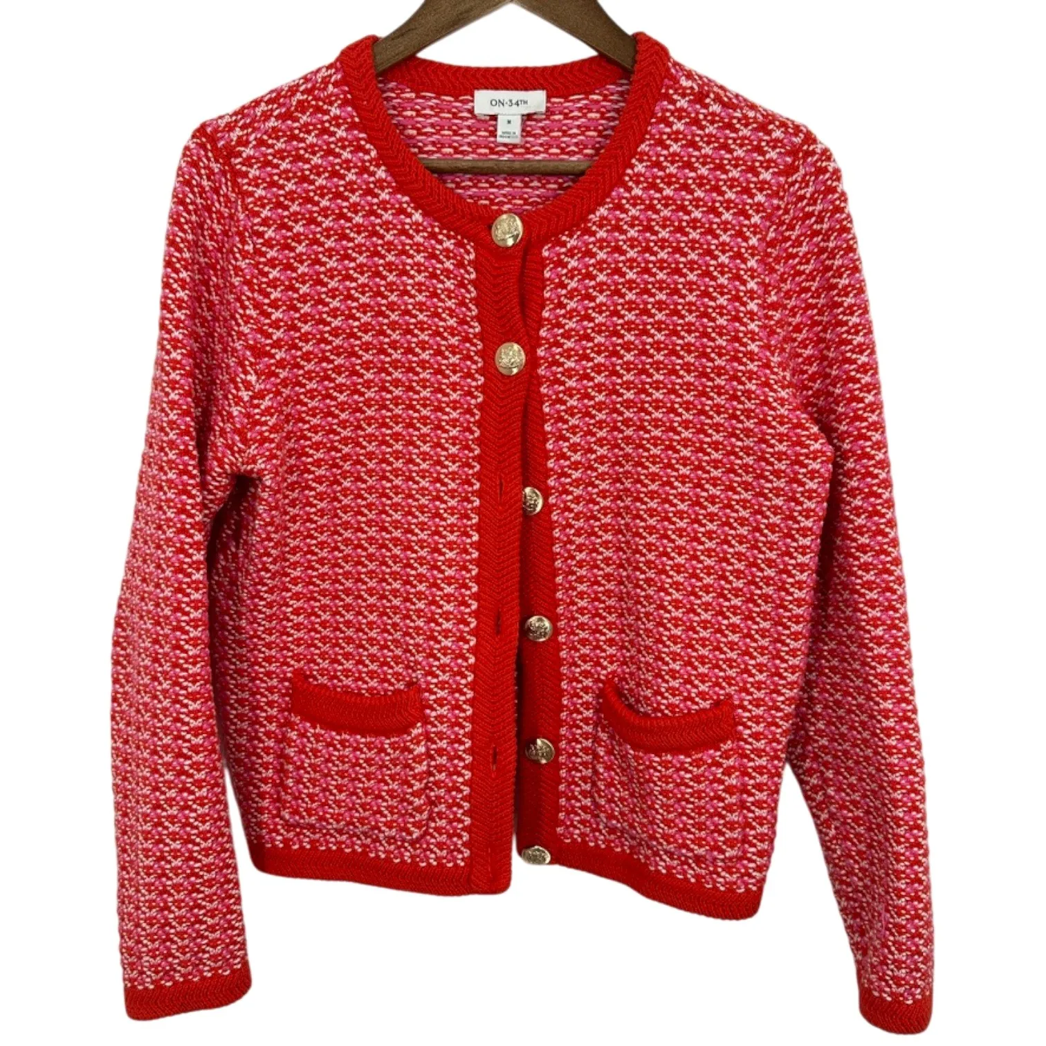 On 34th Women's Patterned Jacquard Cardigan XL 100% Cotton Preppy Knit Sweater Red Size M - Image 3