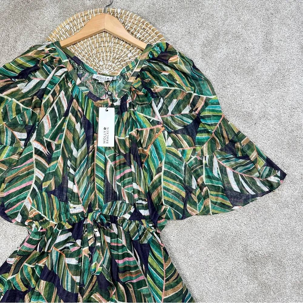 NWT Molly Bracken Bat Sleeve Dress Plant Pattern Tropical Beachy Green Aloha S - Image 6
