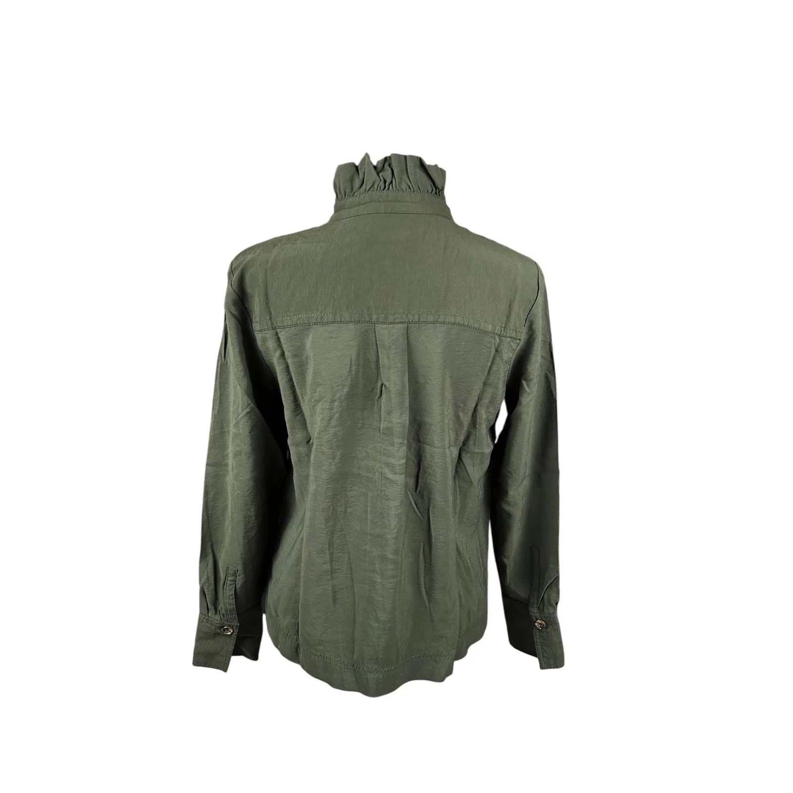 Banana Republic olive green ruffle neck button‎ down top size S - Image 8