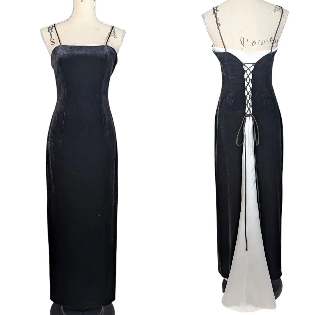 Vintage Y2K Betsey & Adam Velvet Long Formal Dress Black and White Size XS - Image 2