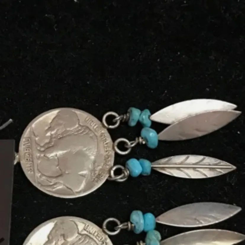 Buffalo Nickel Feather Dangle Earrings Native... Blue - Image 3