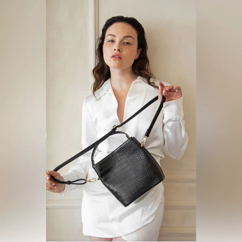 AOTA | Croc Embossed Top Handle Bucket Bag W/ Crossbody | $188 | NWT Black - Image 6