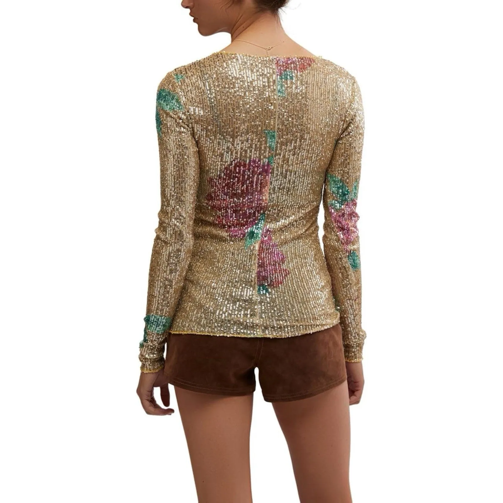 NWT Free People Intimately Gold Rush Champagne Combo Printed Sequin Long Sleeve - Image 2