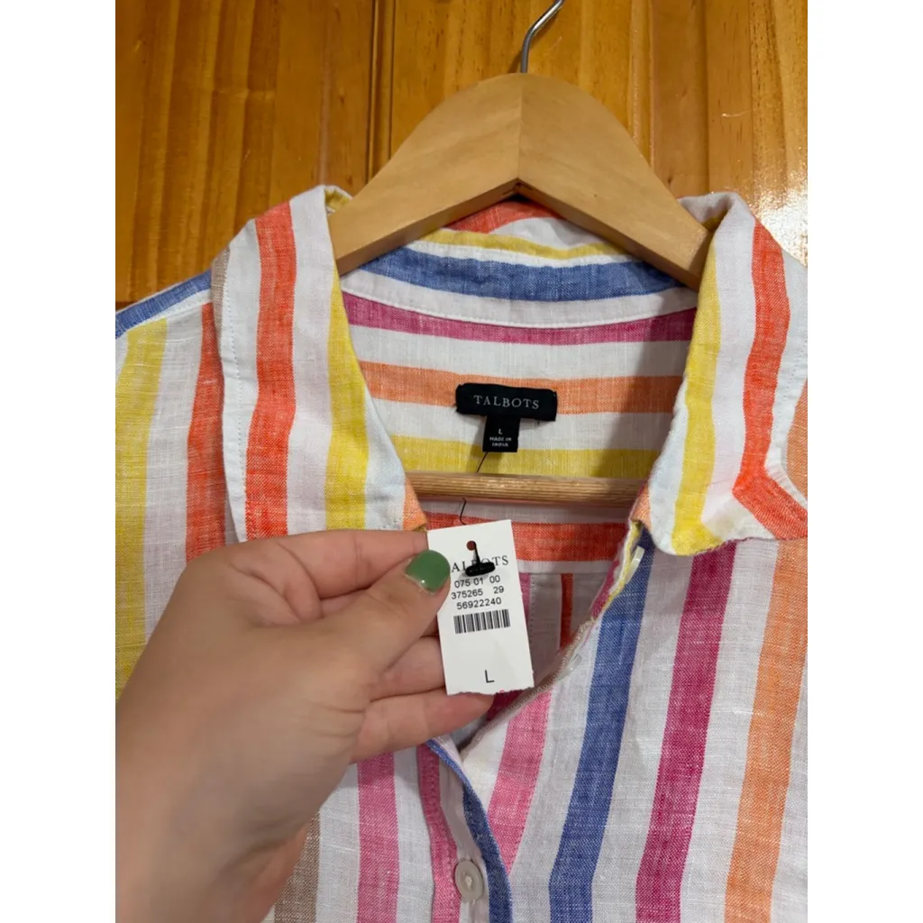 Talbots Linen Shirt L Rainbow Stripe Button Down NWT Coastal Resort Spring - Image 3