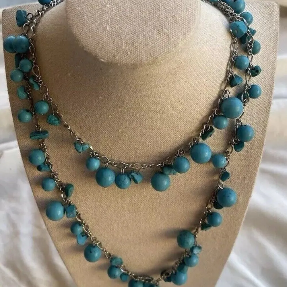 Vintage Turquoise Beaded Multiple Two Strand Chain Necklace South Western Aztec Blue - Image 6
