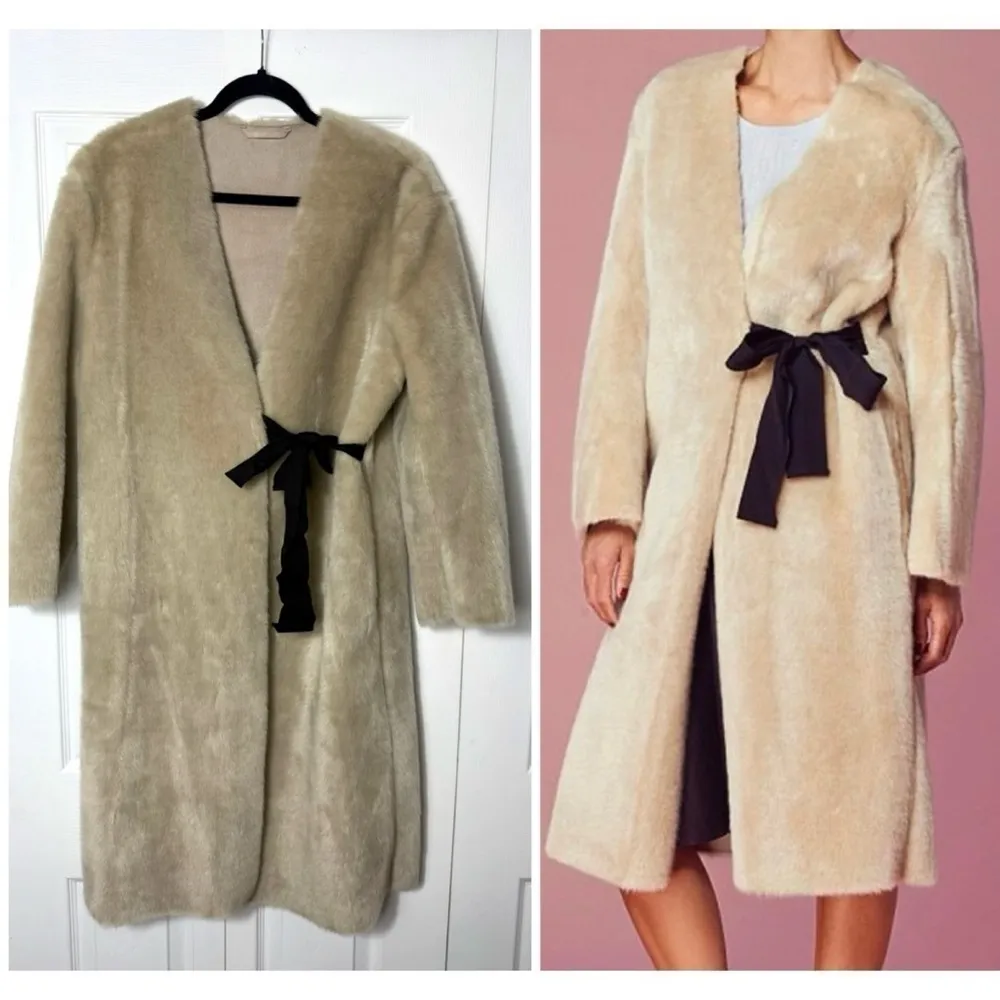 H&M Cream Beige Faux Fur Suede Lined Coat Black Contrast Waist Tie Size Large - Image 2