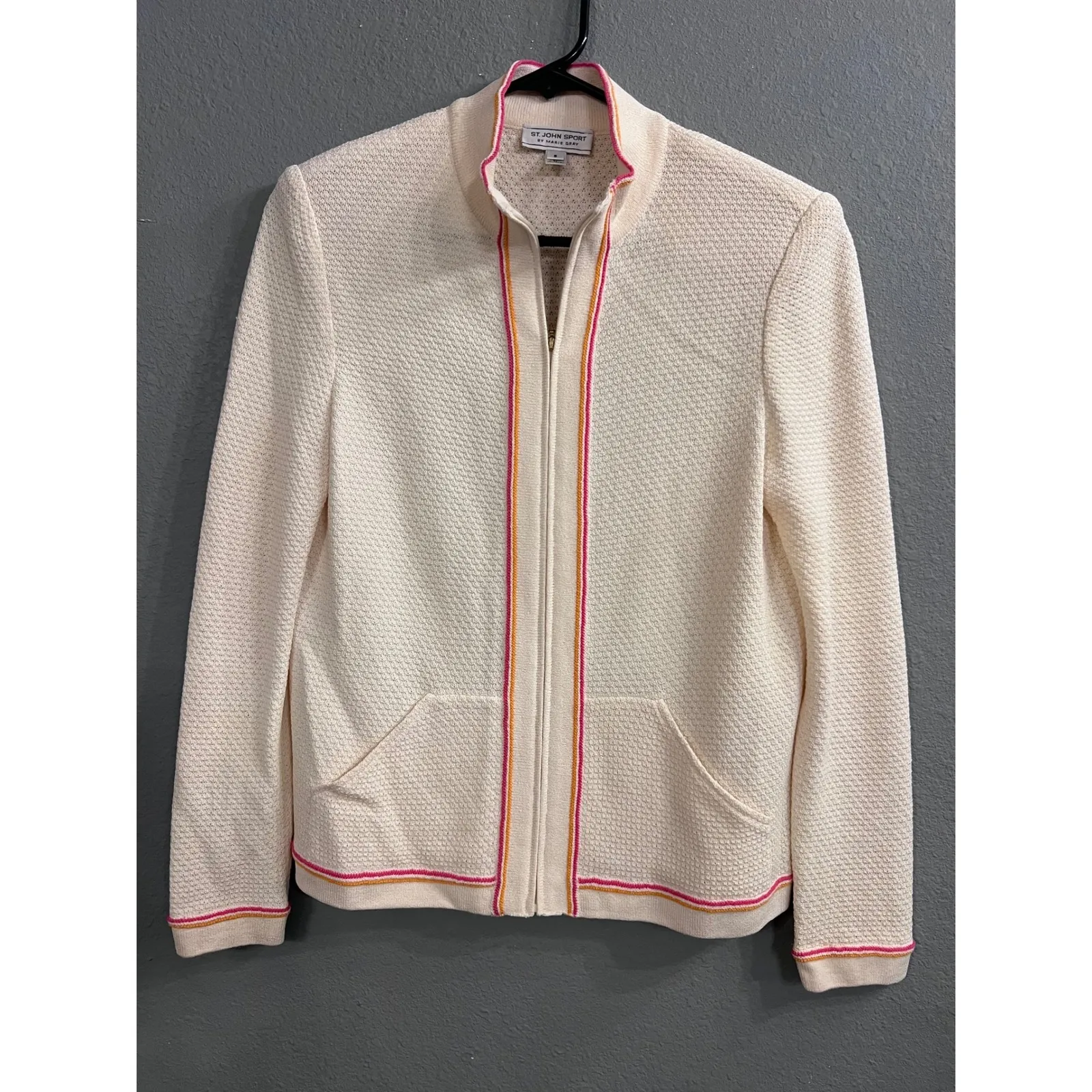 St John Sport Wool Blend Cream Pink Trim Knit Zip Up Jacket Cardigan Small‎ VTG Tan - Image 3