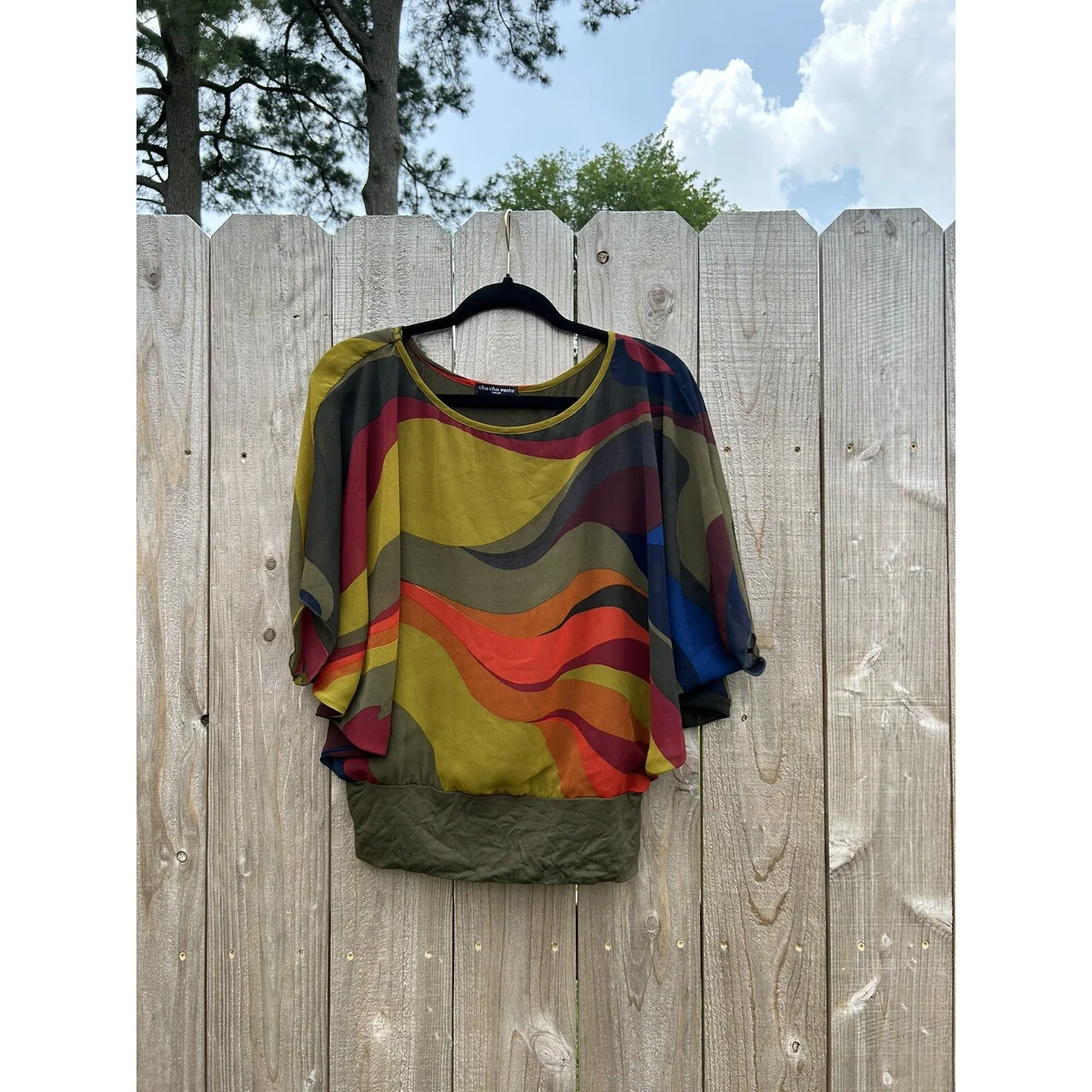 Cha Cha Vente | Multicolored Green Poncho‎ Top Size Small Summer Retro Blue - Image 3