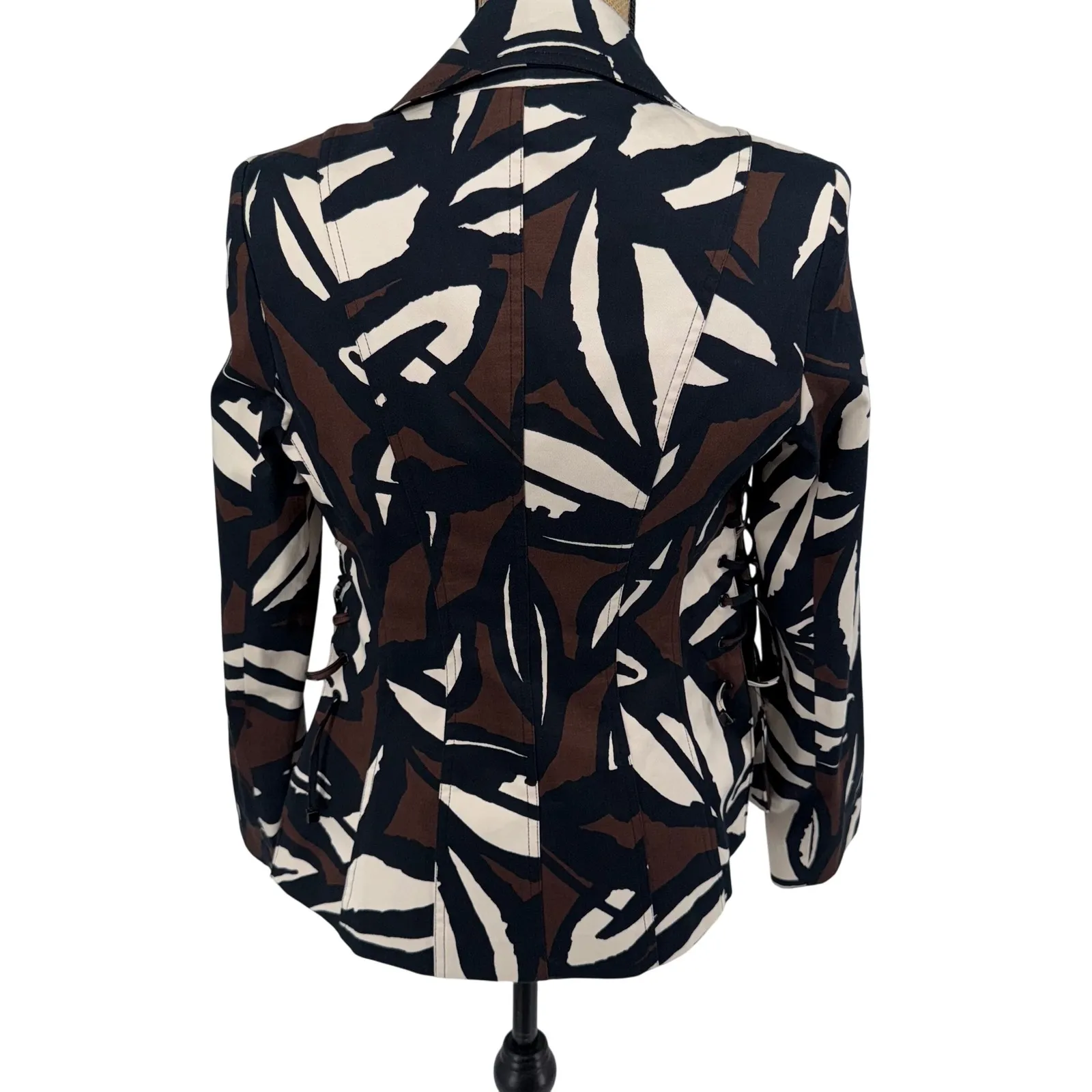 Cache Blazer Jacket Small Abstract Print Fitted Side Laced‎ Up Brown Black Ivory - Image 8
