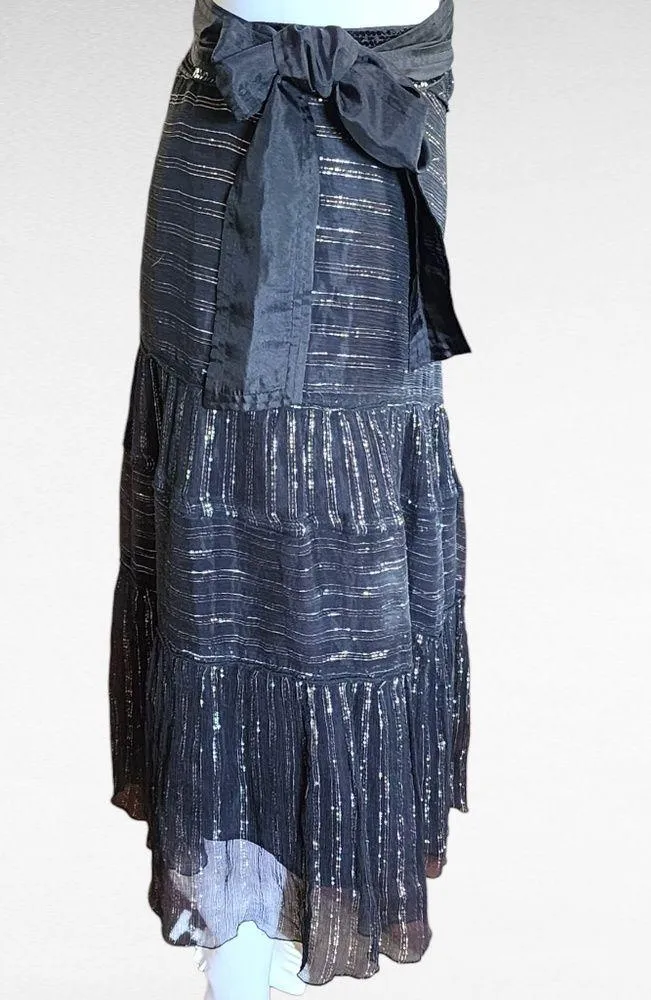 WD.NY Black Metallic Diagonal Stripe Assymetric Hem Silk Midi Skirt Size 6 - Image 3