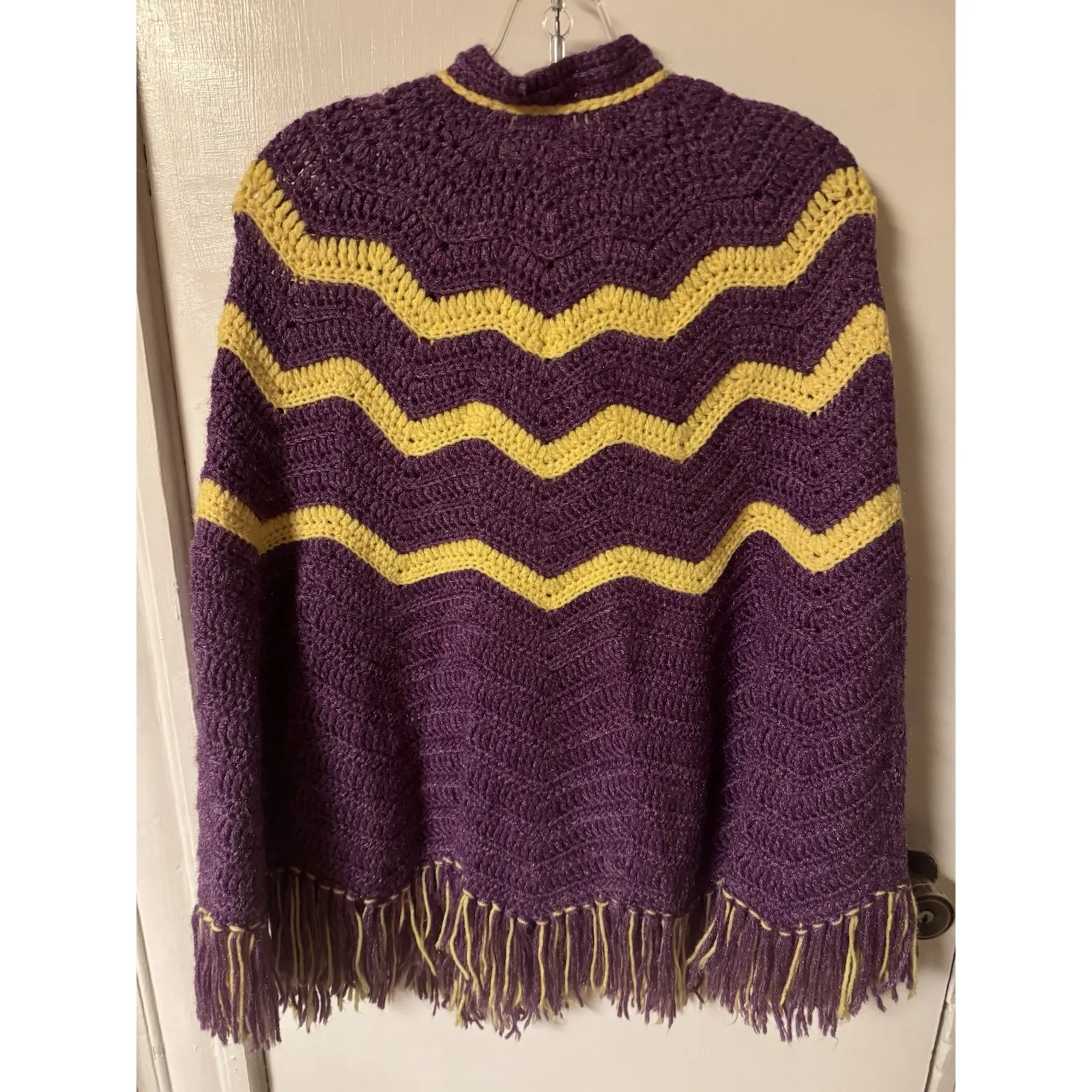Vintage Purple And Yellow Chevron Pattern Handmade Poncho - Image 9