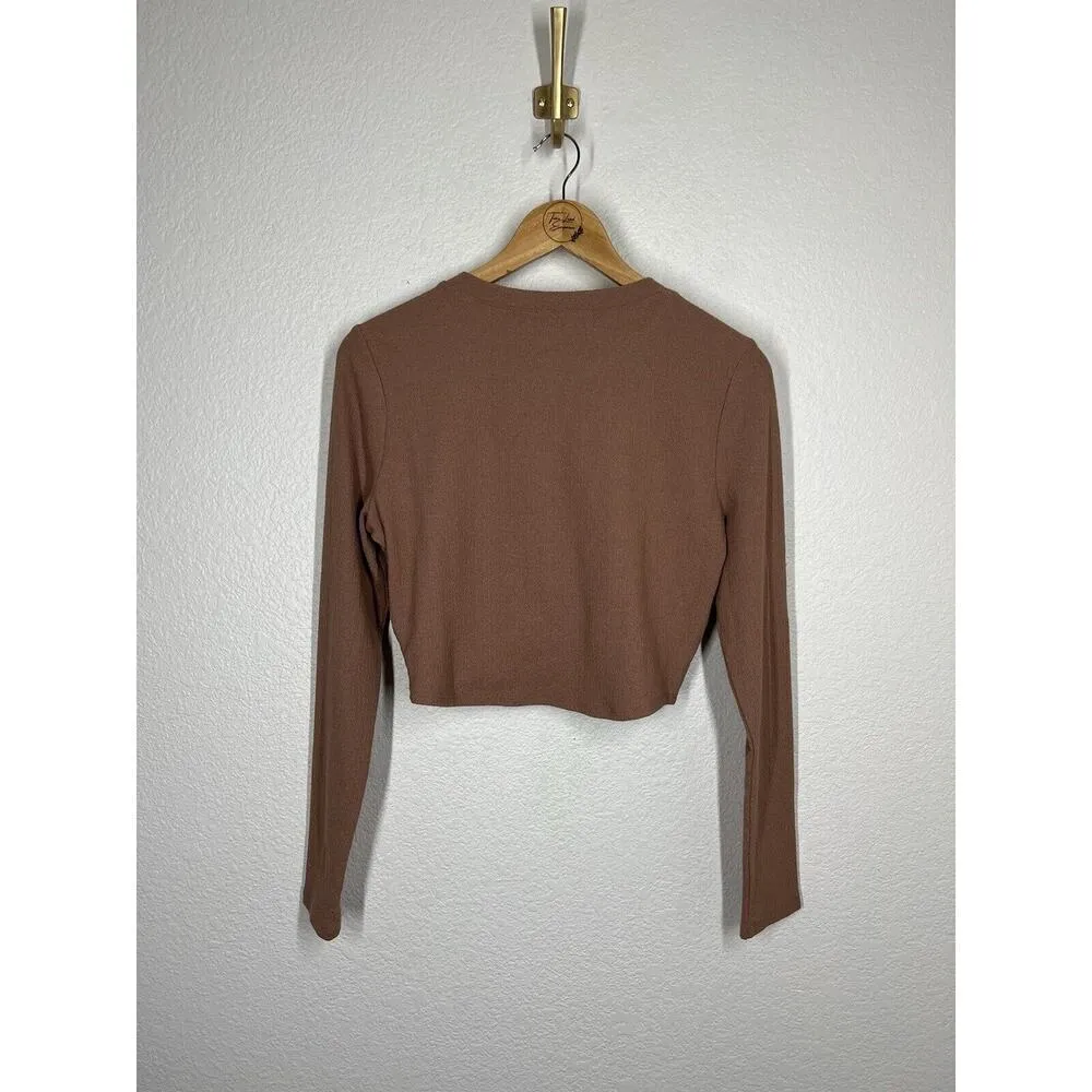 Free People Beach Top Large Rose Mauve Crop Cutout Twist Long Sleeve - Image 4