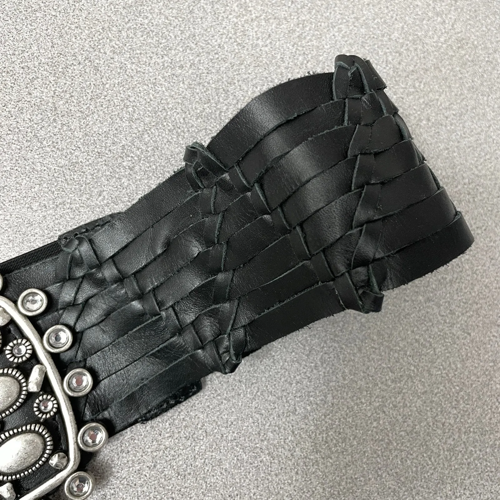 Chicos Woven Leather Belt Womens Large Black Woven Silver Buckle Waist Boho - Image 4