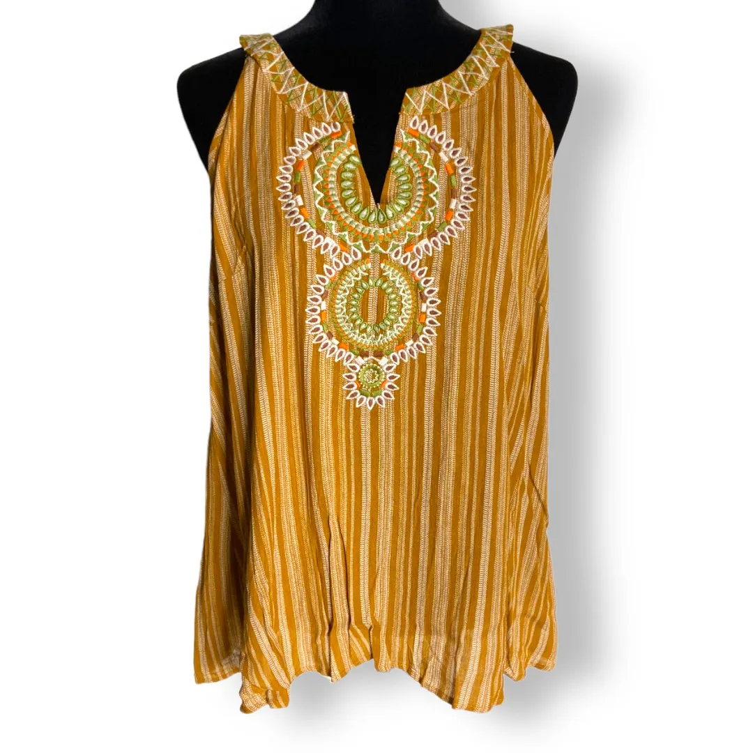 Davi & Dani Womens Tank Size Medium Mustard Striped Embroidered Boho Top NEW - Image 4