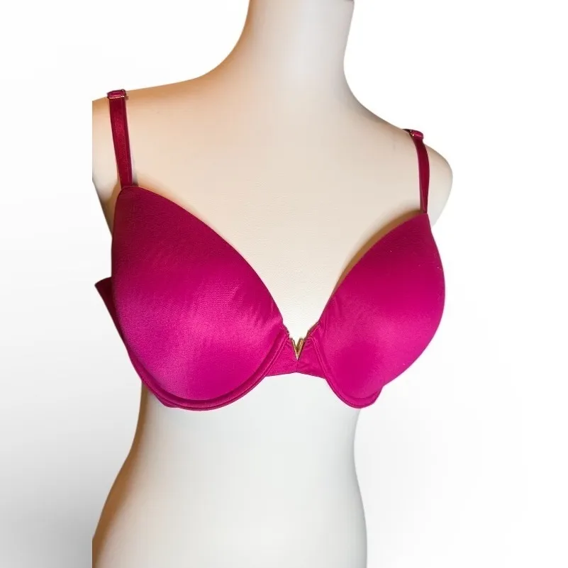 Victoria's Secret Love Cloud Dark Pink Plunge Bra Adjustable Gold V Detail 38D - Image 3