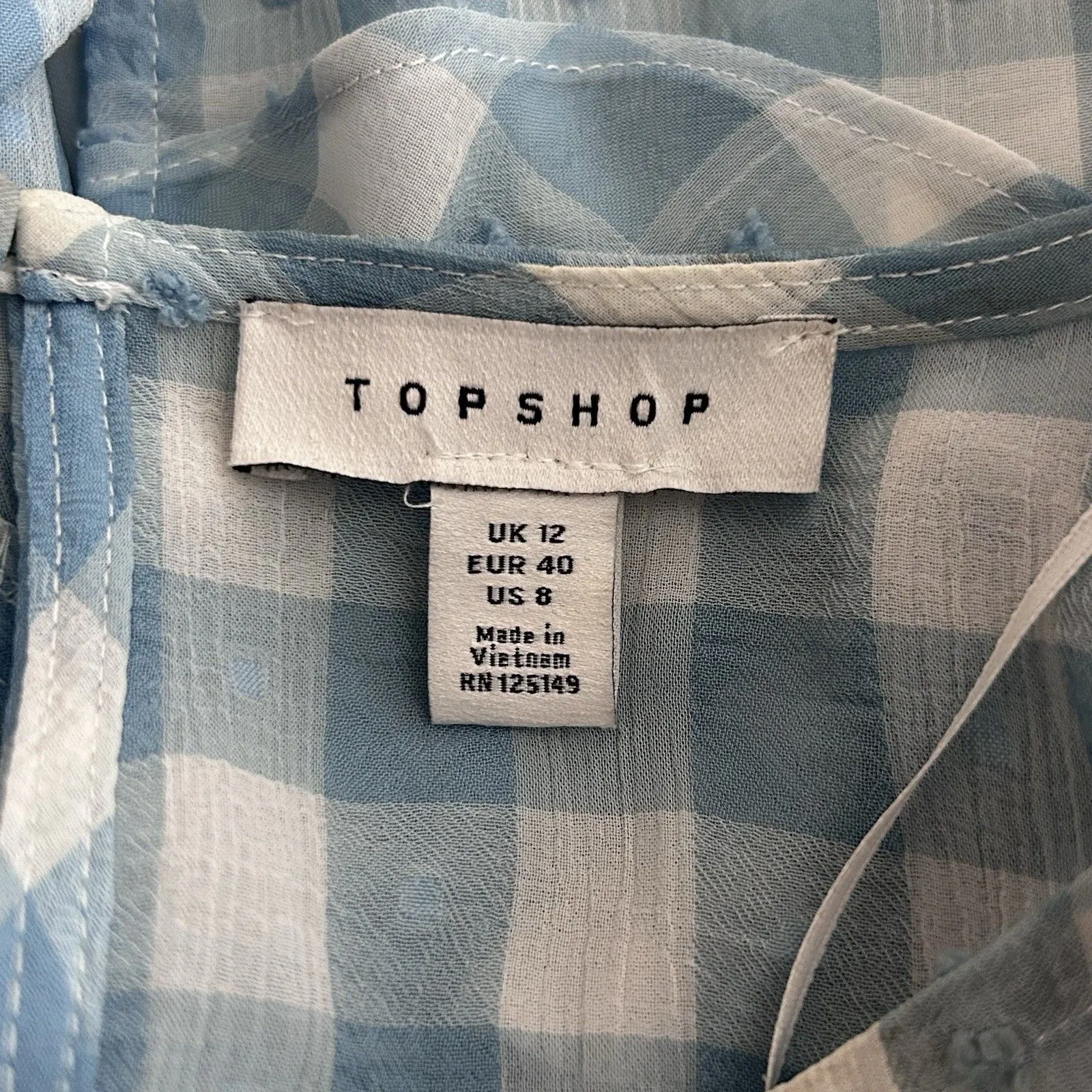 Topshop Women's Yoke Long Sleeve Ruffle Blue Blouse Sheer Check Size 8 - Image 6