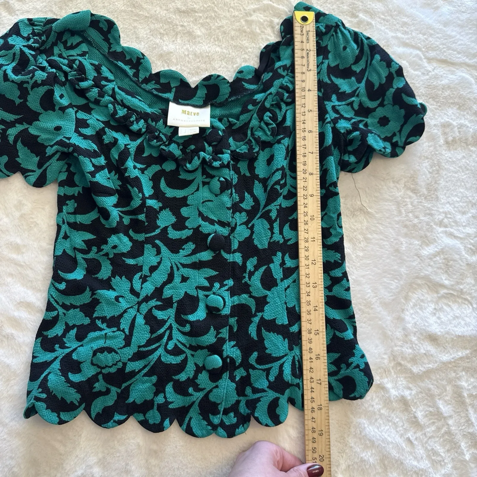 Anthropologie Maeve Aseey Blouse Floral Black And Green Jacquard Blouse Feminine - Image 7