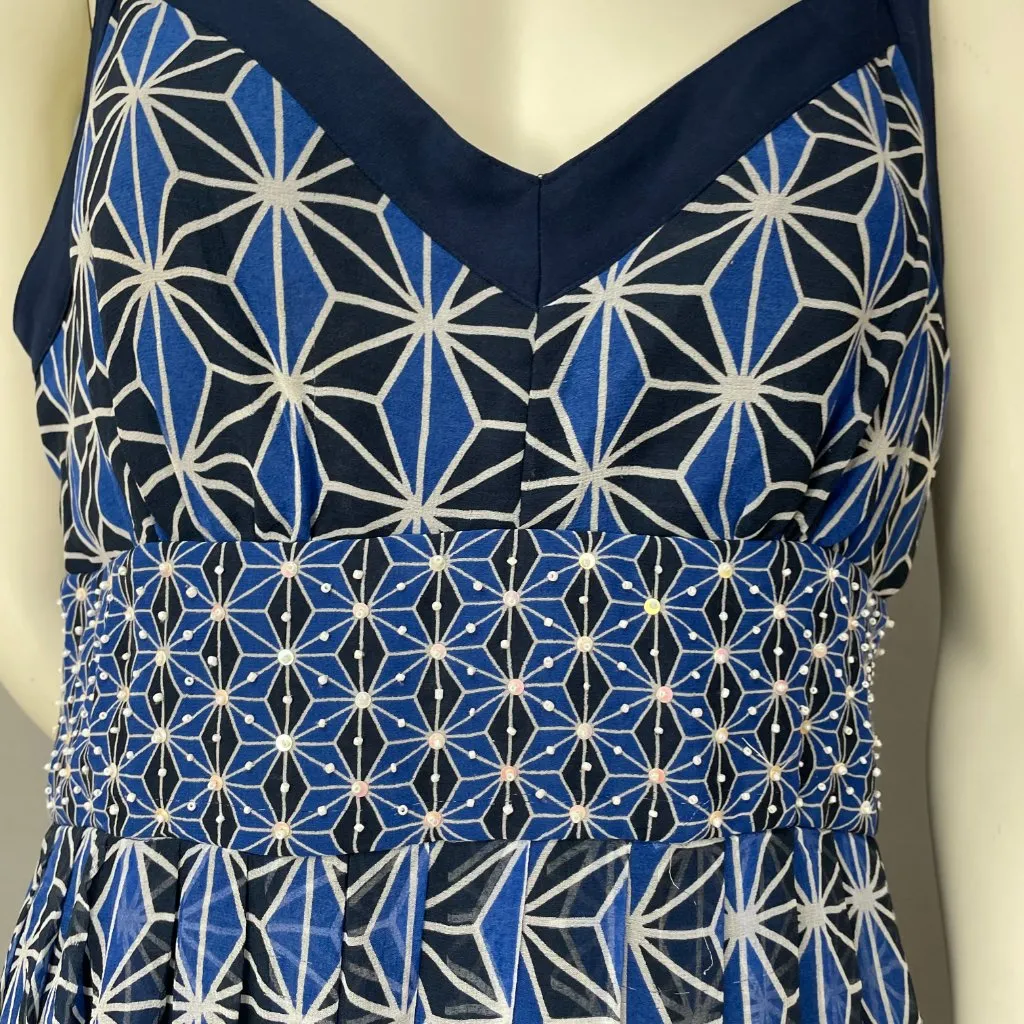 Signature by Robbie Bee Silk Dress Blue Star Print Sz 10 Lined Sleeveless Beaded - Image 9