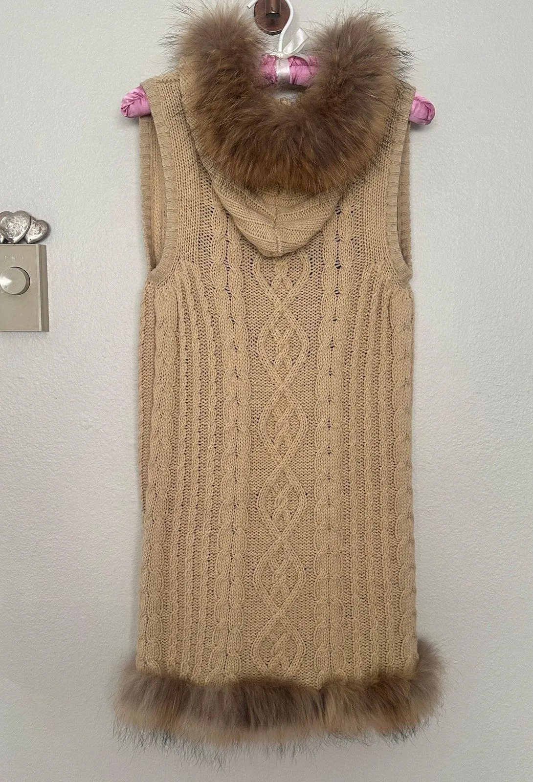 Fur Trim Linda Richards Luxury Beige Womens Collar Cable Knit Sweater Vest Sz XS Tan - Image 3