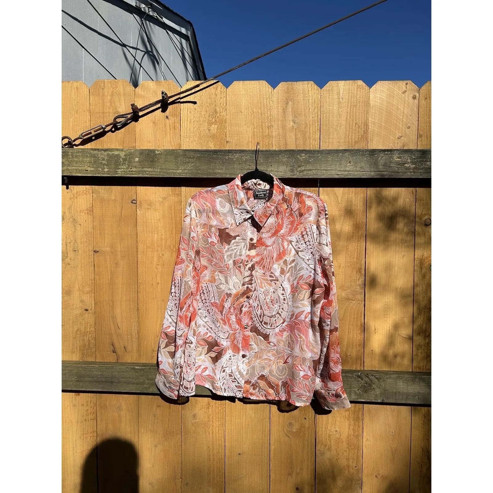 Southern Lady Semi Sheer size Large Button Up Floral Leaf Orangeā Spring Summer - Image 2