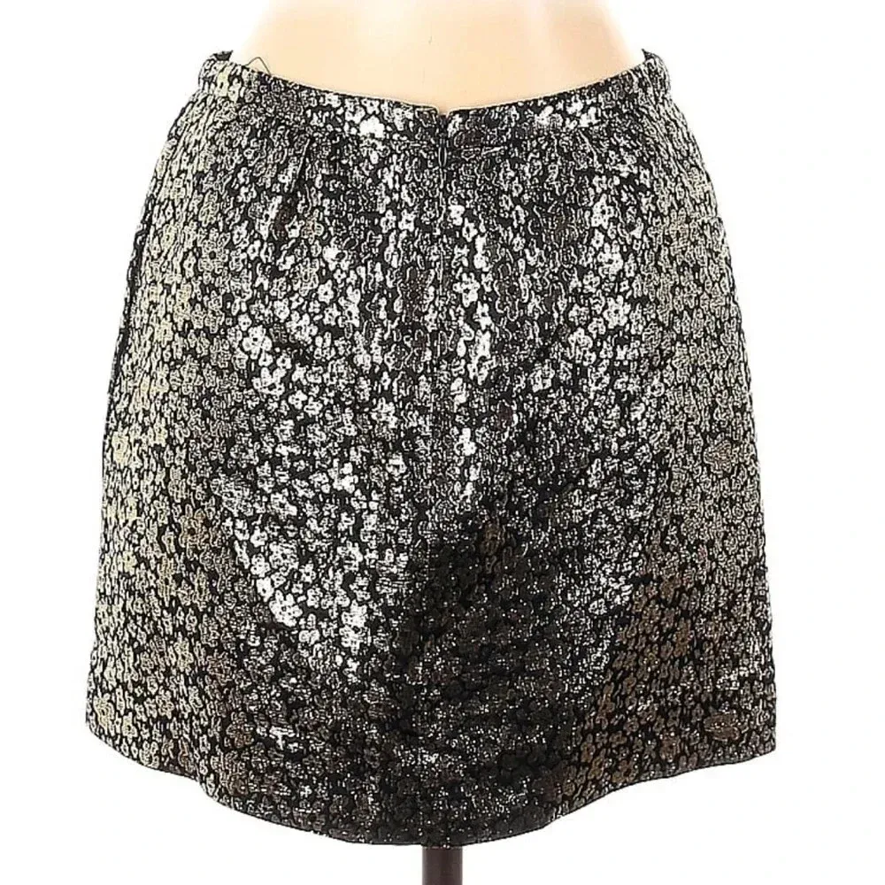 J. Crew Collection Silk Metallic Silver Navy Formal Print Mini Skirt Size 2 - Image 3