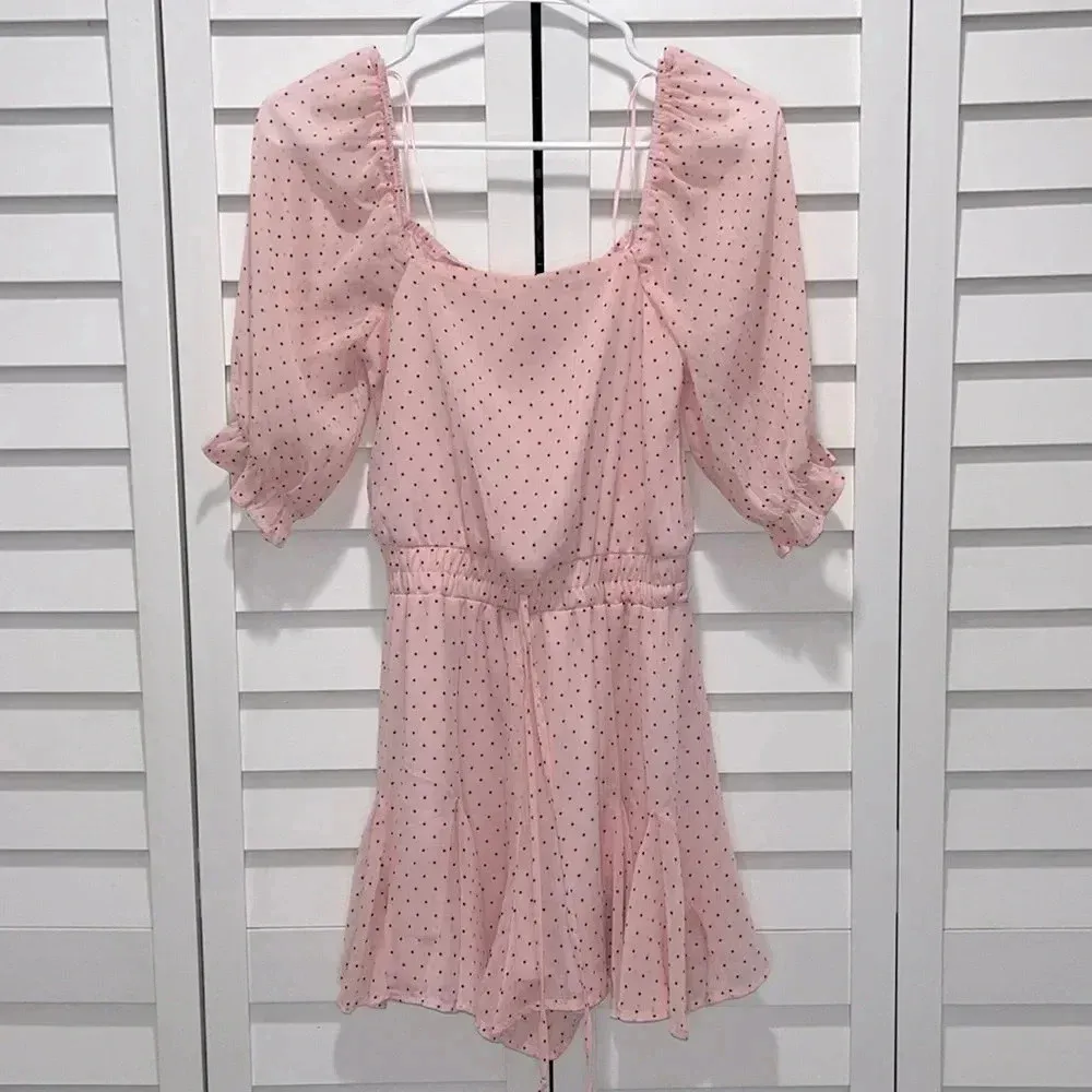 New feminine jumper xs ruffle sheer sleeves flowy bottom stretchy pink polka dot Size undefined - Image 2