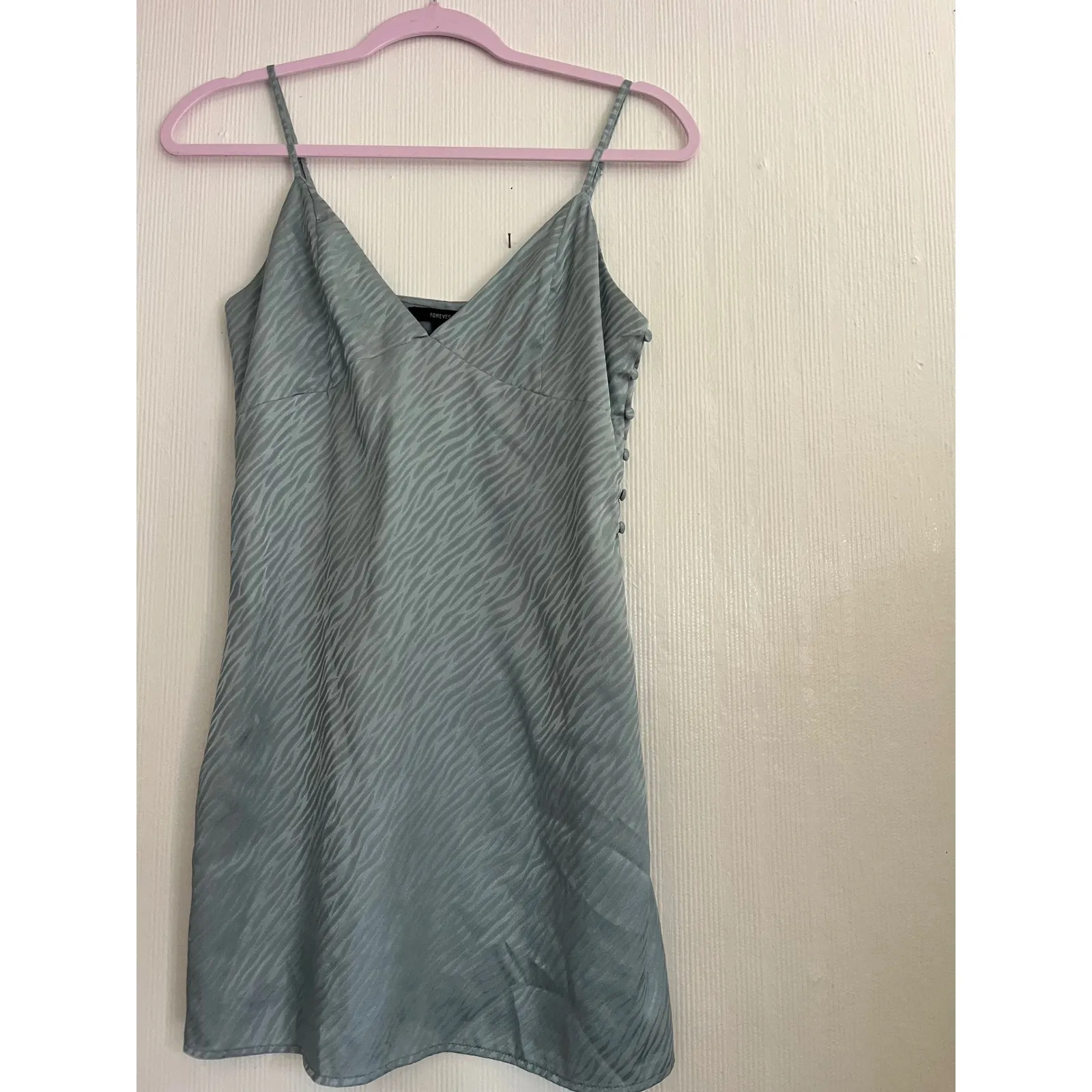Forever 21 Mini Dress Blue Gray Zebra Print Sleeveless Button Accents - Image 2
