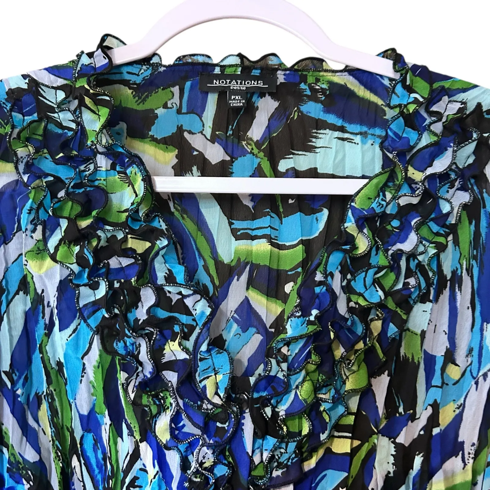 Crinkle Blouse Bell Sleeve Button Down Asymmetrical Hem Ruffles Notations PXL - Image 3