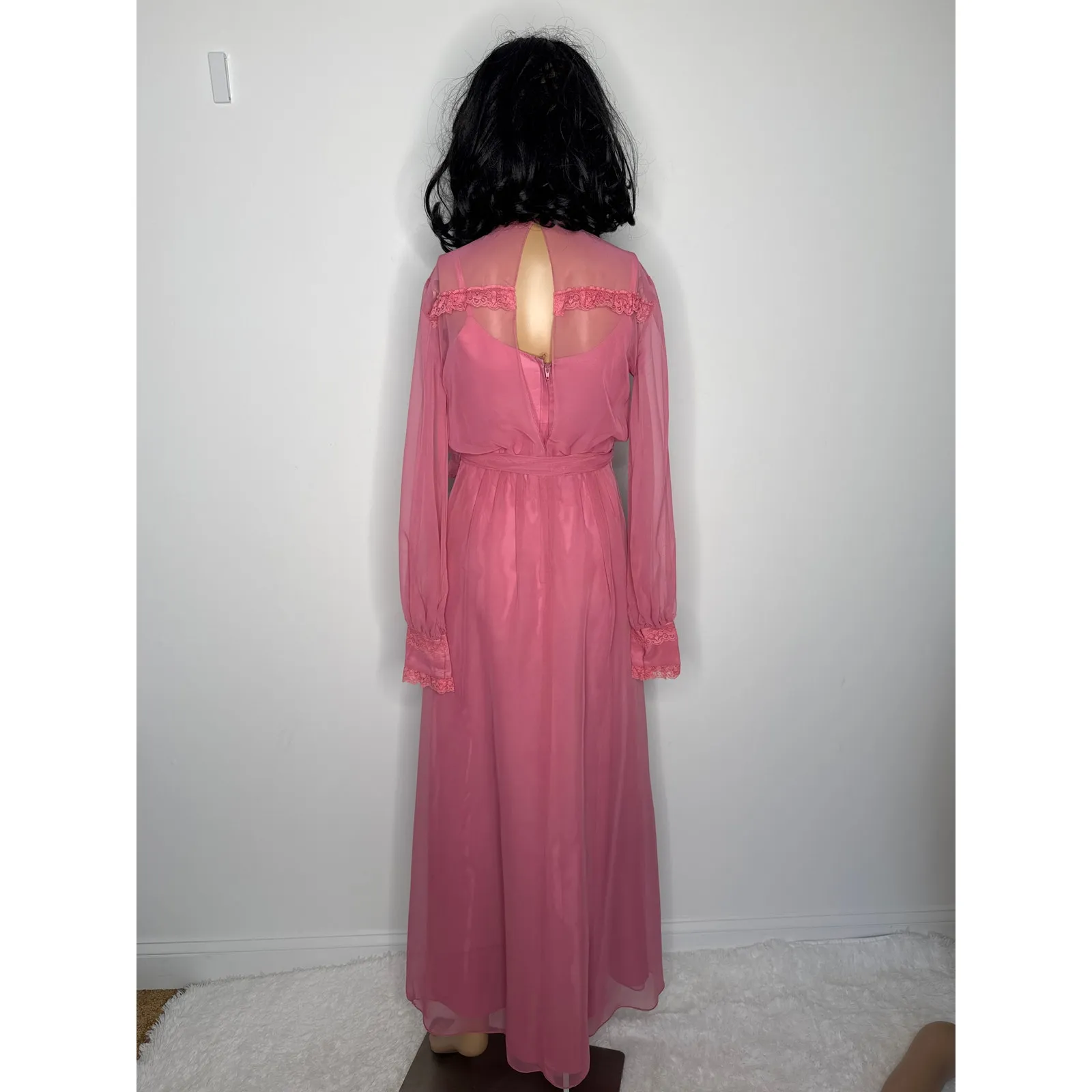 1970s Pink Chiffon Prairie Maxi High Neck Dress Lace Trim LGWD Canada XS - Image 15