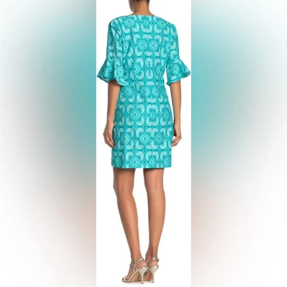 Trina Turk Aqua Doran Ruffle Sleeve Floral Eyelet Overlay Tunic Dress sz 2 - Image 3