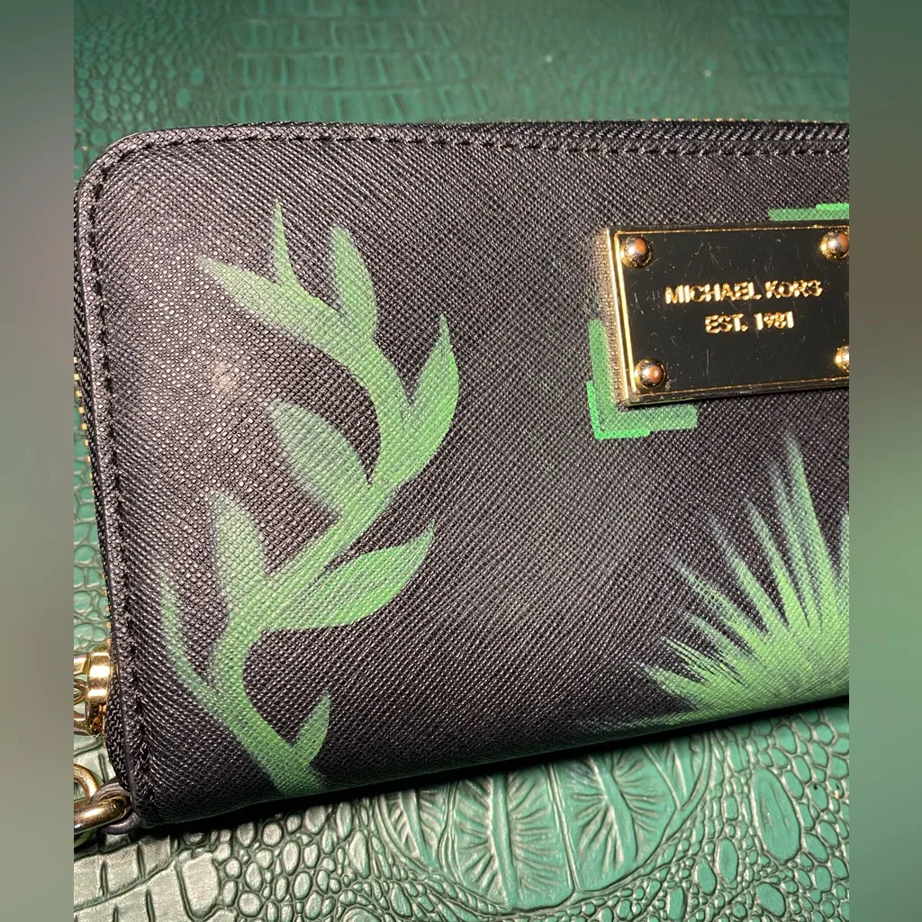 Hand Painted Lioness Black MK Saffiano Leather Wallet w Wristlet Strap - Image 3